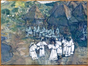رقصة الدائرة (دائرية). عمل نيكولاس (نيكولاس) رويريتش (1874-1947) ، ألوان مائية وغواش على ورق ، حوالي 1900-1910. الفن الروسي ، القرن العشرين ، رمزية ؛ متحف الدولة M. Nesterov للفنون في جمهورية باشكورتوستان ، أوفا (روسيا). بواسطة نيكولاس رويريتش