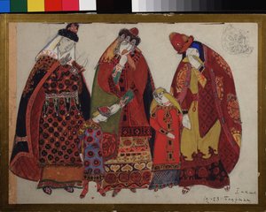 النساء والأطفال. مشاريع أزياء لأوبرا الأمير إيغور للكاتب ألكسندر بورودين (بورودين) (1833-1887). عمل نيكولاس رويريتش (1874-1947) بالقلم الرصاص والغواش والحبر على ورق بواسطة نيكولاس رويريتش