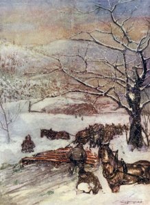 النرويج: محراث ثلجي رسمه ثمانية أو عشرة خيول (ليثو ملون)