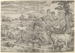 منظر طبيعي مع خادمة حليب على اليمين وصبي على اليسار ، كاليفورنيا. 1535-40. ، كاليفورنيا. 1535-40.