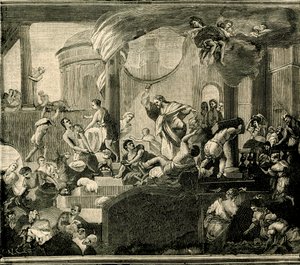 يسوع يقود التجار من المعبد ، زيت على قماش رسمه نيكولا مالينكونيكو (1663-1721) ، بازيليك سانت أغاتا ، جاليبولي ، بوليا ، إيطاليا