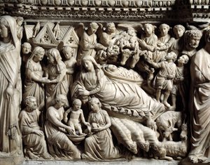 Gothic Art and Architecture: Visitation and Nativity - Detail of the bas-reliefs of the Marble Desk that Nicola Pisano (1215/20-1278/84) made between 1266 and 1268 (Marble pulpit details, visitation and nativity) Cathedrale Notre-Dame-de-l