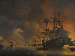حريق أرصفة الجزائر ، بعد وقت قصير من بدء قصف الأسطول الأنجلو هولندي ، 27 أغسطس 1816 أربع حلقات أثناء وجود الأسطول الأنجلو هولندي في خليج الجزائر ، من 26 إلى 27 أغسطس 1816 (عنوان السلسلة) بواسطة نيكولاس باور