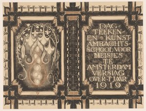 تصميم الغلاف لـ: Report of the Dagteeken- en Kunstambachtschool for Girls in Amsterdam حوالي عام 1919 بواسطة نيكولاس فان دي فيشت