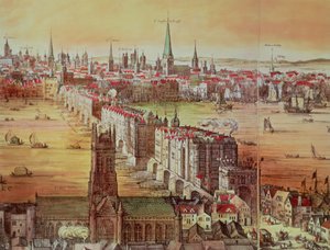 جسر لندن القديم ، التفاصيل من "Vischer&39;s London" ، القرن السابع عشر (النقش) بواسطة نيكولايس جانز فيشر