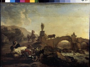 "منظر طبيعي إيطالي مع جسر صغير" لوحة رسمها نيكولاس (كلايس) بيترشيم الأكبر (1620-1683) 1656 Dim. 44.5x61 cm متحف هيرميتاج ، سانت بطرسبرغ بواسطة نقولا بيتيرز. برشم