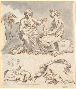 مشروع مشهد من كتاب Apuleius "The Golden Ass" 4. مدبرة منزل عصابة اللصوص تخبر الفتاة الصغيرة بأسطورة كيوبيد وسايكي. أدناه ، زوج من الدلافين وشخصية عارية ، ربما برج الدلو - علامة سماوية لشهري فبراير ويناير