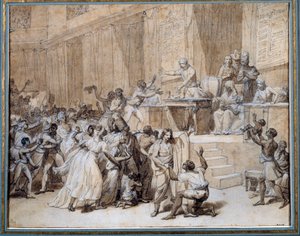 الثورة الفرنسية: أصدر المؤتمر الوطني قرارات بإلغاء الرق في المستعمرات بتاريخ 4/2/1794 (16 Pluviose An II) في باريس. رسم بالحبر لنيكولاس أندريه مونسياو (1754-1837) صن. 0،26x0،33 م باريس ، متحف كارنافالي