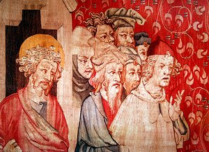تفاصيل عن الرجال الذين يستمعون للملاك يتنبأون بتعذيبهم ، من "نهاية العالم للغضب" ، 1373-87 بواسطة نيكولاس باتايل