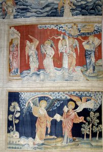 تعليق الوحي (1373-1383) ، ن. 25: البوق السادس ملائكة الفرات. أدناه ، ن. في 28 ، يسلم الملاك الكتاب إلى القديس يوحنا الذي يلتهمه. نسيج لنيكولاس باتاي (1330-1405) بواسطة نيكولاس باتايل