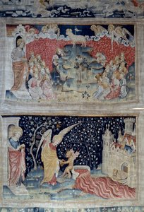 تعليق الوحي (1373-1383) ، ن. 47: الحمل على جبل صهيون. أدناه ، ن. 55 ، يلتقط الملاك كرمة الأرض ، التي انسكبت في وعاء غضب الله العظيم ، فاض الوعاء واندلع الدم. نسيج لنيكولاس باتاي (1330-1405) بواسطة نيكولاس باتايل