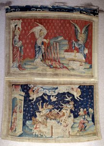 تعليق الوحي (1373-1383) ، ن. 59: القنيتان الثانية والثالثة المتدفقتان على البحر والمياه. الطابق السفلي ، ن. 66 ، تم غزو بابل من قبل الشياطين. نسيج لنيكولاس باتاي (1330-1405) بواسطة نيكولاس باتايل