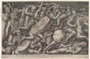 الجنود الرومان يقاتلون ضد الداقية ، مشهد معركة في عمق ضحل مع الخيول والحصان ... ، 1553.