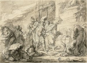 إينيس عند قبر أنشيس (يمين) ؛ اينيس في توم من Anchises (آية) بواسطة نيكولاس برنار ليبيسي