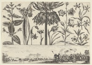 لوحة أفقية بصف من الزهور فوق إفريز مع مشهد معركة في منظر طبيعي ، ... ، 1645. بواسطة نيكولاس كوتشين