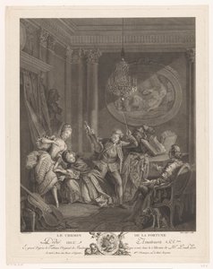 عازف كمان وشابتان في الداخل ، ورجل جالس يراقب Le Chemin de la Fortune (العنوان على الكائن) بواسطة بيار أنطوان بودوان