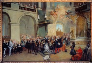 تسليم وسام الروح القدس (وسام الروح القدس) في كنيسة فرساي 3/06/1724 رسم نيكولا لانكرت (1690-1743) 1724 صن. 0،56 × 0،81 م بواسطة نيكولاس لانكريت