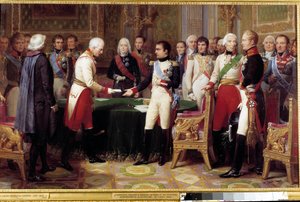 The interview of Erfurt, 27 September - 14 October 1808: Napoleon I receiving Baron Vincent, an Austrian diplomat and sent from the Emperor of Austria. In the middle between the two characters we see Charles Maurice of Talleyrand Perigord (1754-1838). Pain
