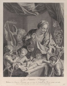 العذراء تحمل قطعة قماش فوق الطفل المسيح النائم ، مع ملائكة موسيقية و ... ، كاليفورنيا. 1729. بواسطة نيكولاس بيني