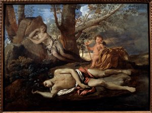 رسم صدى ونرجس للأسطورة التي ألهمت Ovide في "" Les Metamorphoses "لوحة لنيكولا بوسان (1594-1665) القرن السابع عشر الشمس. 0،74 × 1 م باريس ، بواسطة نيكولاس بوسين