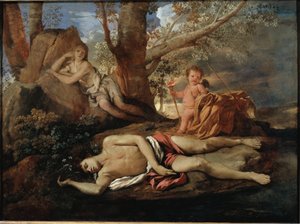 رسم توضيحي صدى ونرجس للأسطورة التي ألهمت Ovide في لوحة "" Les Metamorphoses "التي رسمها نيكولاس بوسين بواسطة نيكولاس بوسين