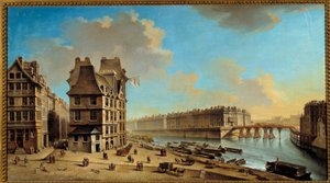 Le quai de la Greve و le Saint Louis و Pont Rouge من خلال لوحة Place de Greve للرسام نيكولاس راغوينت (1715-1793) من القرن الثامن عشر. 0.46x0.84 م باريس ، متحف كارنافالي - كواي دي لا غريف ، إيل سانت لويس وبونت روج كما يُرى من