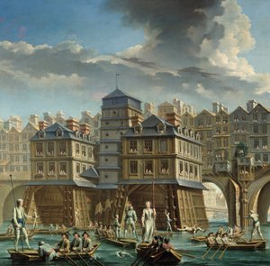 تفاصيل اللوحة: The Joute des mariniers بين جسر نوتردام و Pont-au-Change "مبارزة بحرية على نهر السين في باريس. لوحة لنيكولاس جان بابتيست راغوينت (1715-1793) 1756 باريس ، متحف كارنافاليت