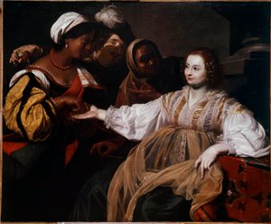 عراف امرأة أتت لاستشارة راح الكف. رسم نيكولاس ريجنير (1591-1667) صن. 1،2x1،5 م