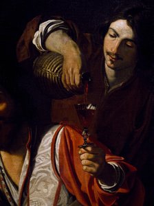 Servant pouring wine, detail of Meeting of drinkers, by Nicolas Tournier (baptised in 1590-before 1639), oil on canvas بواسطة نيكولاس تورنييه