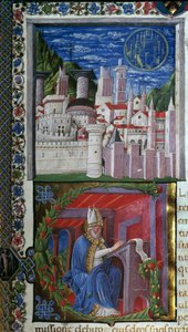 صورة مصغرة لكتابة القديس أوغسطين بقلم نيكولو بولاني مأخوذة من "De civitate dei" (مدينة الله) للقديس أوغسطينوس الهيبو (354-430). 1459. باريس ، مكتبة القديس جينيفيف بواسطة نيكولو بولاني