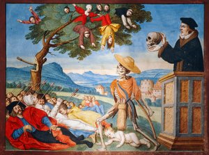 Death going into action with his scythe and men fall like dead leaves, sermon of Memento Mori from the Dance of Death cycle by Albrecht Kauw