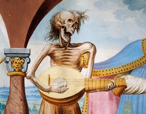Death playing the mandola, detail of Death, the Patriarch and the Bishop from the Dance of Death cycle by Albrecht Kauw