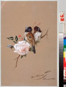 عصفوران على وردة - عمل لنيكولاي إيجوروفيتش سفيرشكوف (نيكولاس سويرتشكوف) (1817-1898) ، ألوان مائية وحبر على ورق