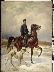 الصياد (الصياد). يمتطي حصانًا ويرافقه كلابه البارزوي (السلوقي الروسي). لوحة لنيكولاي إيجوروفيتش سفيرشكوف (نيكولاس سويرتشكوف) (1817-1898) ، زيت على قماش. الفن الروسي