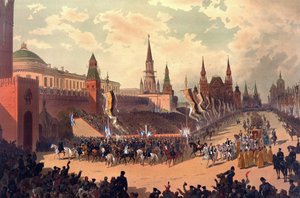 ألبوم تتويج القيصر ألكسندر الثالث ملك روسيا (1845-1894) والإمبراطورة ماريا فيودوروفنا (داغمار الدنمارك) (1847-1928) - الدخول الاحتفالي للإسكندر الثالث في الساحة الحمراء (من ألبوم التتويج) بواسطة كاراسين ، نيكولاي نيكولايفيتش