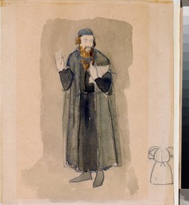 الزي التحضيري ، المرابي ، للمسرحية المسرحية "The Avare Knight" من تأليف ألكسندر بوشكين (1799-1837) (تصميم أزياء للمسرحية المسرحية The Miserly Knight من تأليف A Pushkin) - عمل لنيكولاي بافلوفيتش أوليانوف (أوليانوف) (1875) -1949) وقلم رصاص و