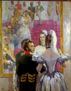 الشاعر الروسي ألكسندر بوشكين (بوشكين) (1799-1837) وزوجته ناتاليا جونتشاروفا (غونشاروفا) في Anichkof Palace Ball. لوحة لنيكولاي بافلوفيتش أوليانوف (أوليانوف) (1875-1949)