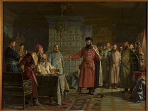 La querelle de Zakhary Petrovich Lyapunov (mort apres 1612) avec le tsar Vassili IV Chouiski (1552-1612) au Kremlin - نزاع زاخاري ليابونوف مع القيصر فاسيلي شيسكي في الكرملين ، بقلم نيفريف ، نيكولاي فاسيليفيتش (1830-1904). زيت على قماش