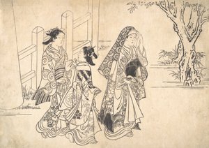 مجاملة تتبعها فتاتان ، كاليفورنيا. 1690-1751. بواسطة نيشيكاوا سوكينوبو