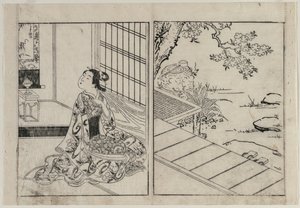 امرأة تبحث في لفيفة معلقة ، ج. 1740s. بواسطة نيشيكاوا سوكينوبو