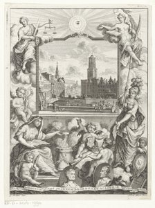 Stadsgezicht التقى Domkerk te Utrecht enlegorie التقى Utrechtse stedenmaagd Titelpagina voor: Elias de Vries، Dissertatio juridica، de jure naturale ac gentium، seu duobus primibus فقهيونتيبوس، 1745. بواسطة يوهانس بروديليت