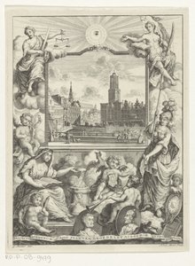 Stadsgezicht التقى Domkerk te Utrecht enlegorie التقى Utrechtse stedenmaagd Titelpagina voor: Elias de Vries، Dissertatio juridica، de jure naturale ac gentium، seu duobus primibus فقهيونتيبوس، 1745. بواسطة يوهانس بروديليت