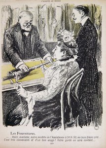 كارتون ينتقد المساعدة الشعبية ، كاريكاتير من 'L'Assiette au Beurre'. 1901 (لون ليثو)