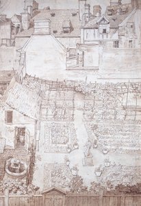 A garden of a town house, with parterres and vine pergola, enclosed by buildings, c.1677 (pen & brown ink with brown wash) بواسطة نويل جاسلين