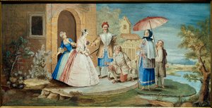 Comedian and playwright Jean Baptiste Poquelin dit Moliere (one knee to the ground) and his comedians in the piece Georges Dandin ou le mari confused””” in 1668. Christmas Painting Coypel (1628-1707) 1668 Collection Jacques Lorcey بواسطة نويل كويبيل
