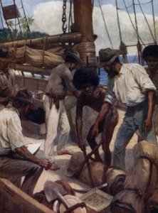 عمال مناجم الذهب يغادرون سفينة تجارية ، غينيا الجديدة البريطانية (لون ليثو) بواسطة نورمان هاردي