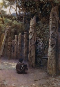 The Stone "Demits," or the Souls, with their attendant wooden figures, Malekula Island, New Hebrides (colour litho) بواسطة نورمان هاردي