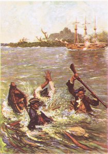غرق القارب بجانب المؤخرة في ثلاثة أقدام من الماء ، من Treasure Island الذي نشره MacDonald 1947 (color litho) بواسطة نورمان ميلز السعر
