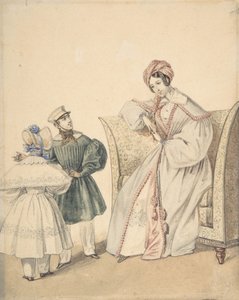 رسم أزياء مع امرأة جالسة على كرسي مع ولد وفتاة ، القرن التاسع عشر. بواسطة نوما باساجيت