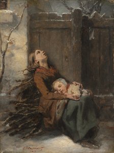 الأم الميتة المعوزة تحمل طفلها النائم في الشتاء ، ج. 1850.